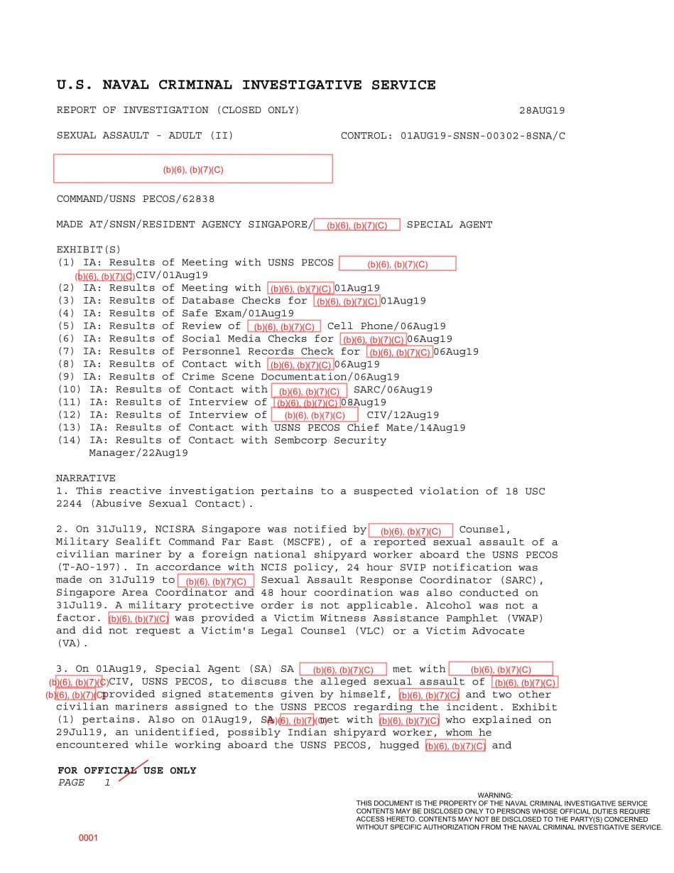 First page preview for A Civilian Mariner Reported Sexual Assault Aboard USNS Pecos. NCIS Could Not Identify the Shipyard Worker.