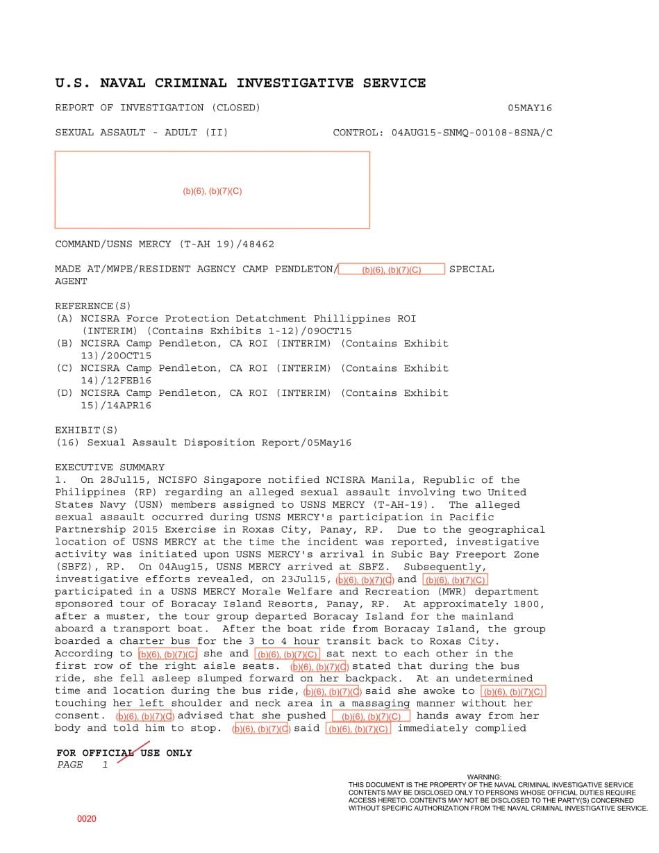 First page preview for USNS Mercy Liberty-Bus Touching Report Ended With Non-Judicial Punishment.