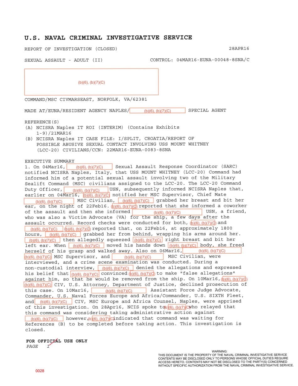 First page preview for A Civilian Reported Being Grabbed and Bitten Aboard USS Mount Whitney. Prosecutors Declined the Case While Command Considered Administrative Action.