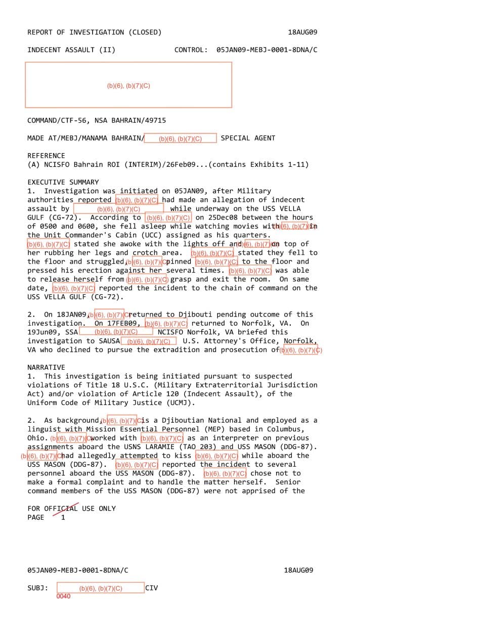 First page preview for A Woman Reported Being Assaulted in a USS Vella Gulf Cabin. Jurisdiction Problems Left the Case to Prosecutor Declinations and Employer Action.