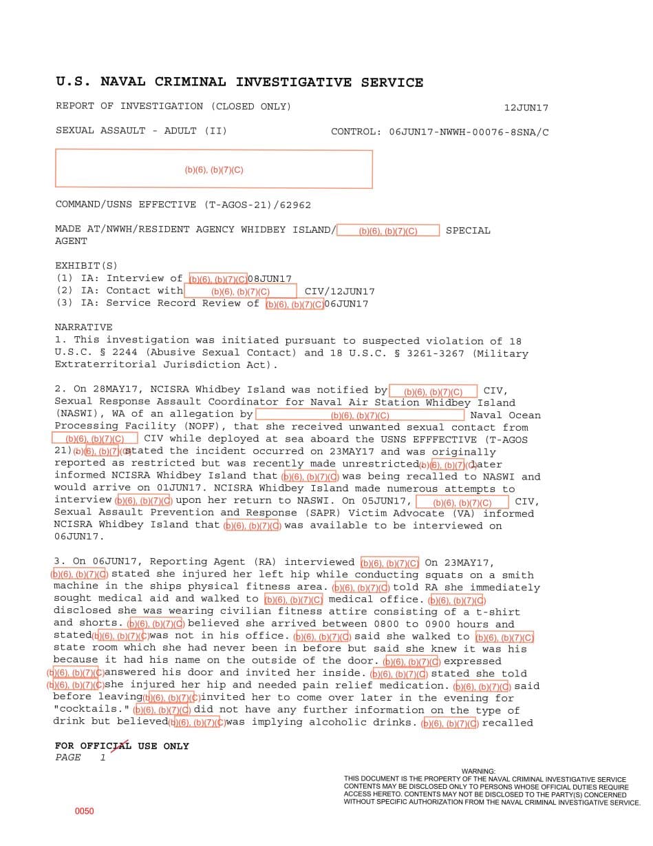 First page preview for A Woman Said a USNS Effective Medical Worker Kissed Her and Grabbed Her Hips. DOJ Declined Under Federal Sex-Offense Law.
