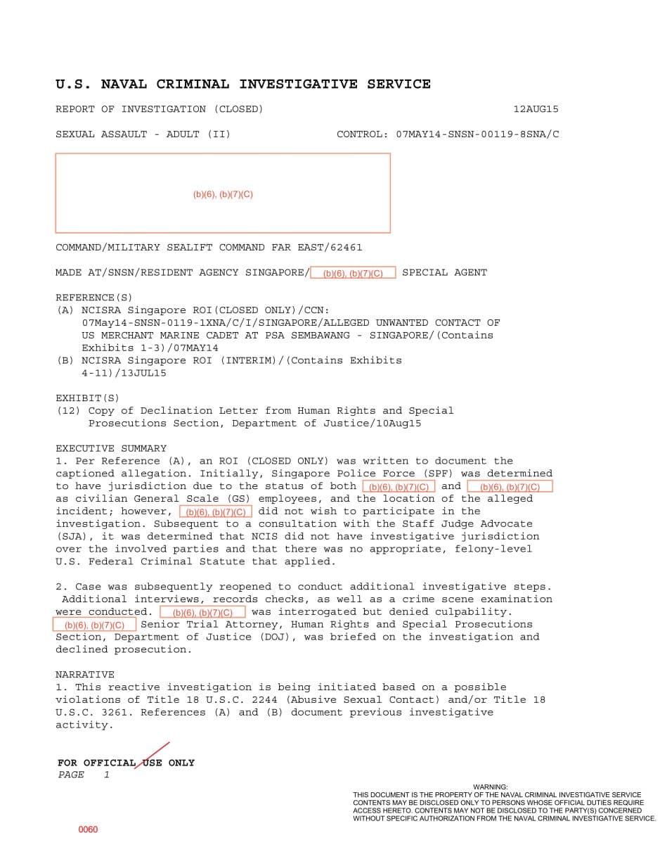 First page preview for A Merchant Marine Cadet Reported Buttocks Touching at Singapore Housing. DOJ Declined a Federal Case.