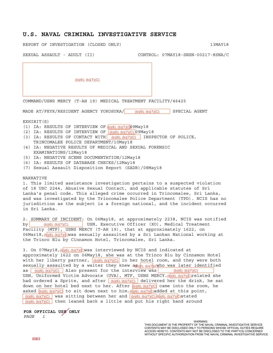 First page preview for Two USNS Mercy Personnel Reported a Waiter Touched Them at a Sri Lanka Hotel. Local Police Made an Arrest.