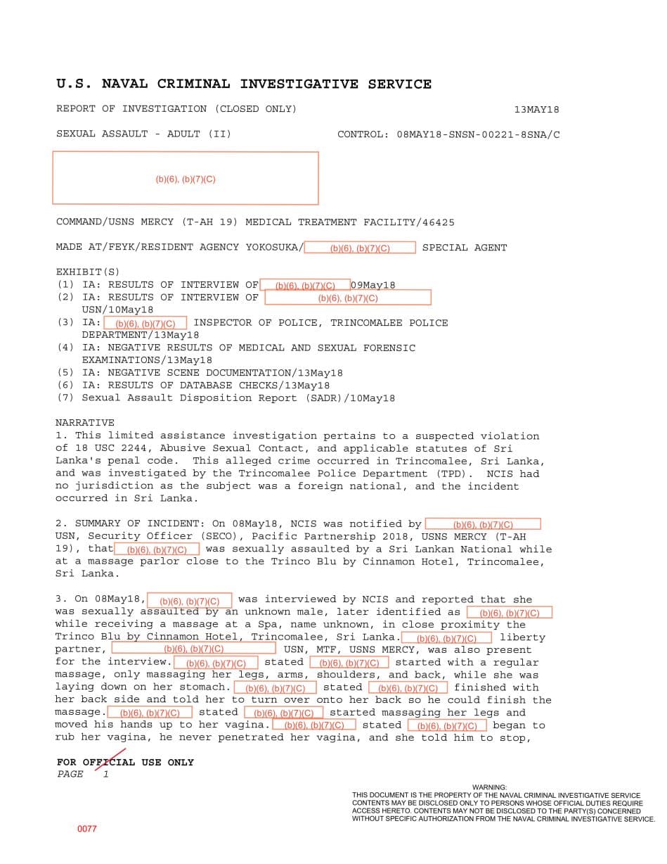 First page preview for Sri Lanka Spa Sexual-Assault Report Involving a USNS Mercy Member Led to a Local Arrest.