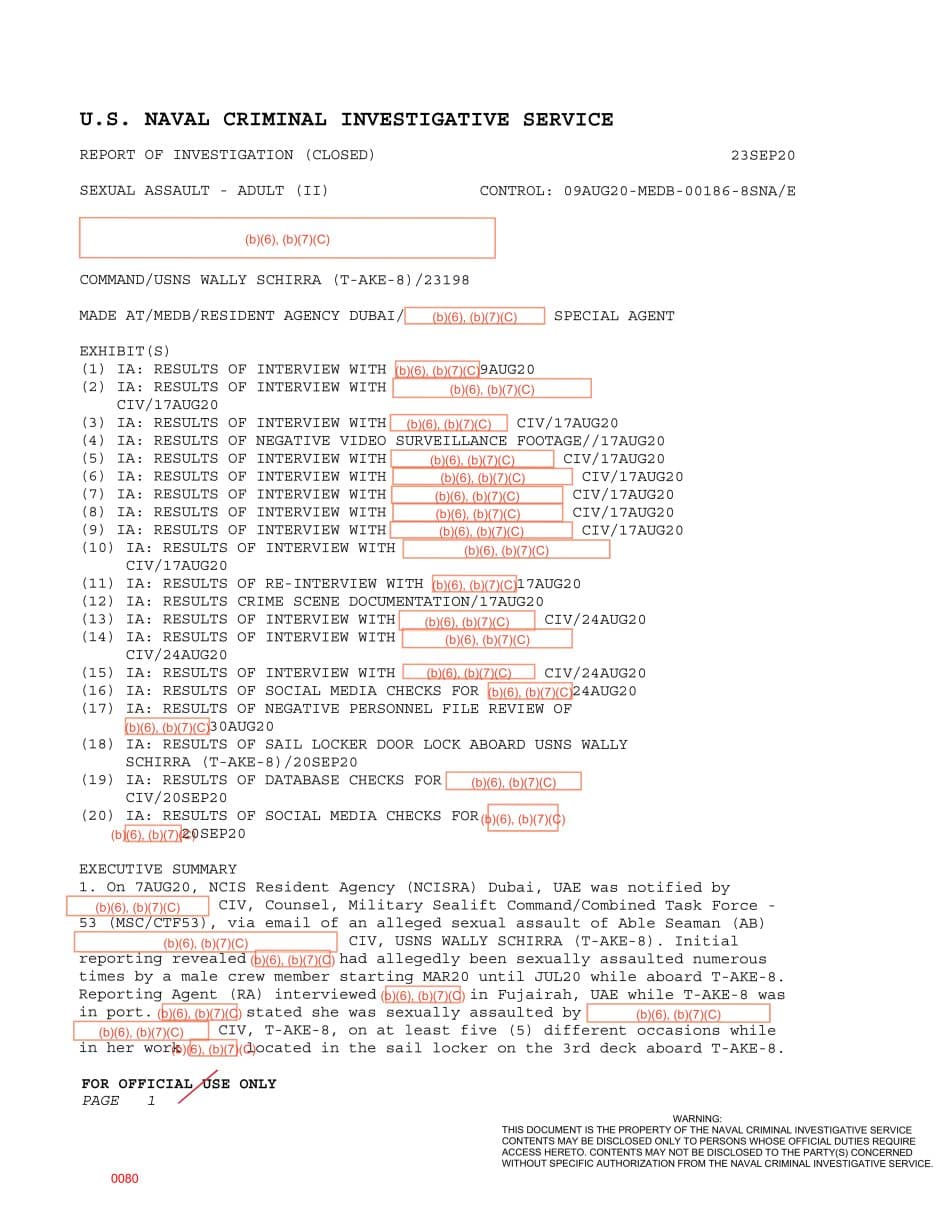 First page preview for An Able Seaman Reported Repeated Sexual Assaults Aboard USNS Wally Schirra. Prosecutors Declined the Case for Insufficient Evidence.