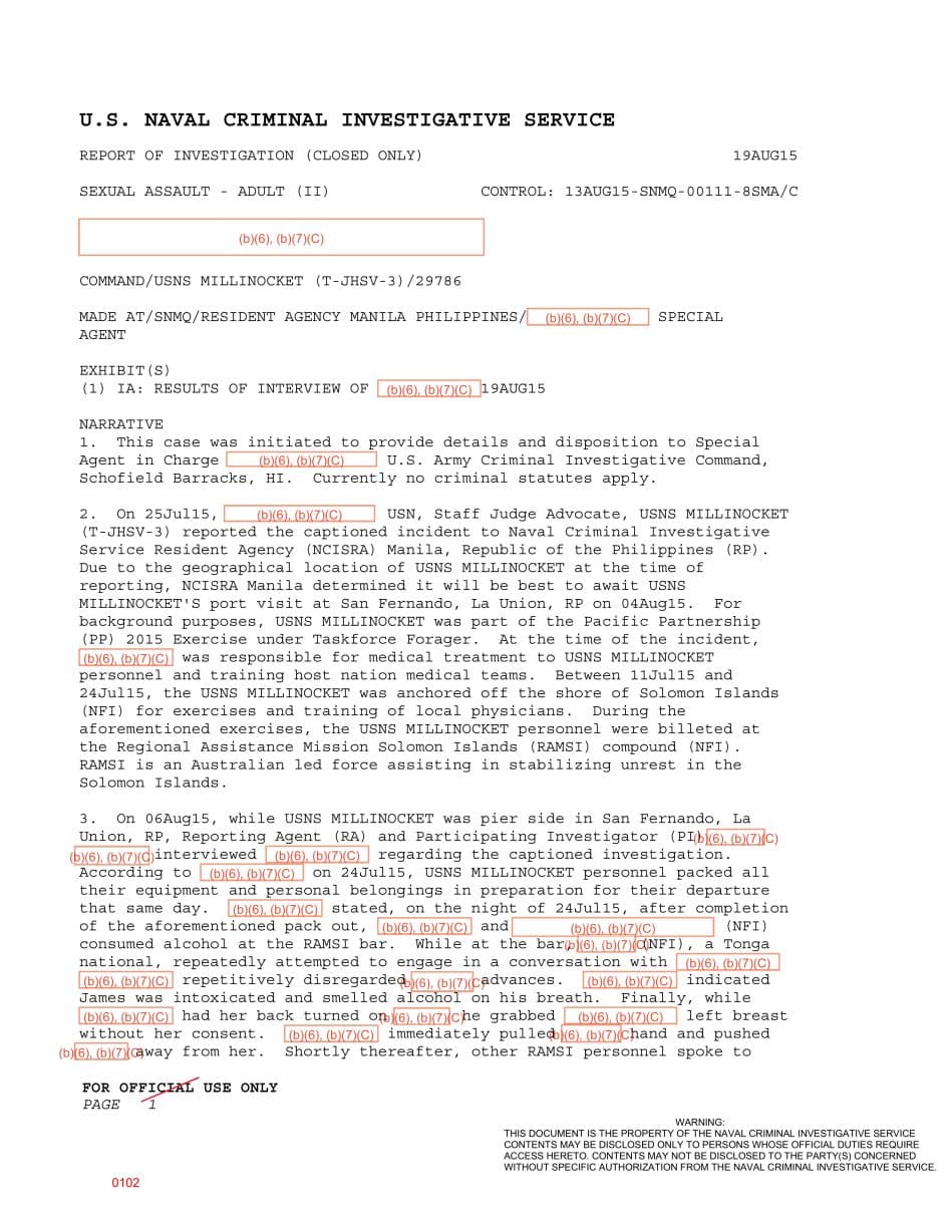 First page preview for At a Solomon Islands Bar, a USNS Millinocket Mission Member Said a Tonga National Grabbed Her Breast. No Charges Followed.