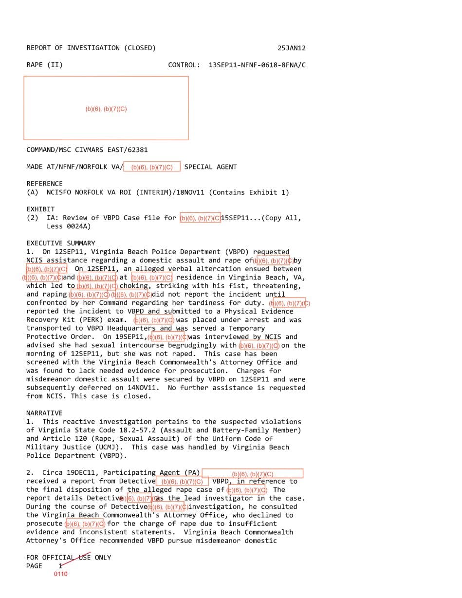 First page preview for A Virginia Beach Rape Report Involving an MSC-Affiliated Person Became a Deferred Domestic-Assault Case.