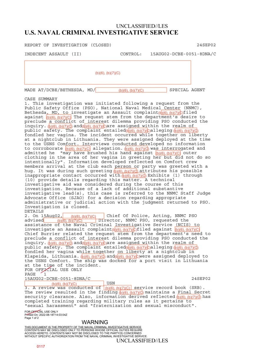 First page preview for Lithuania Nightclub Complaint From a USNS Comfort Liberty Stop Found No Witness Corroboration.