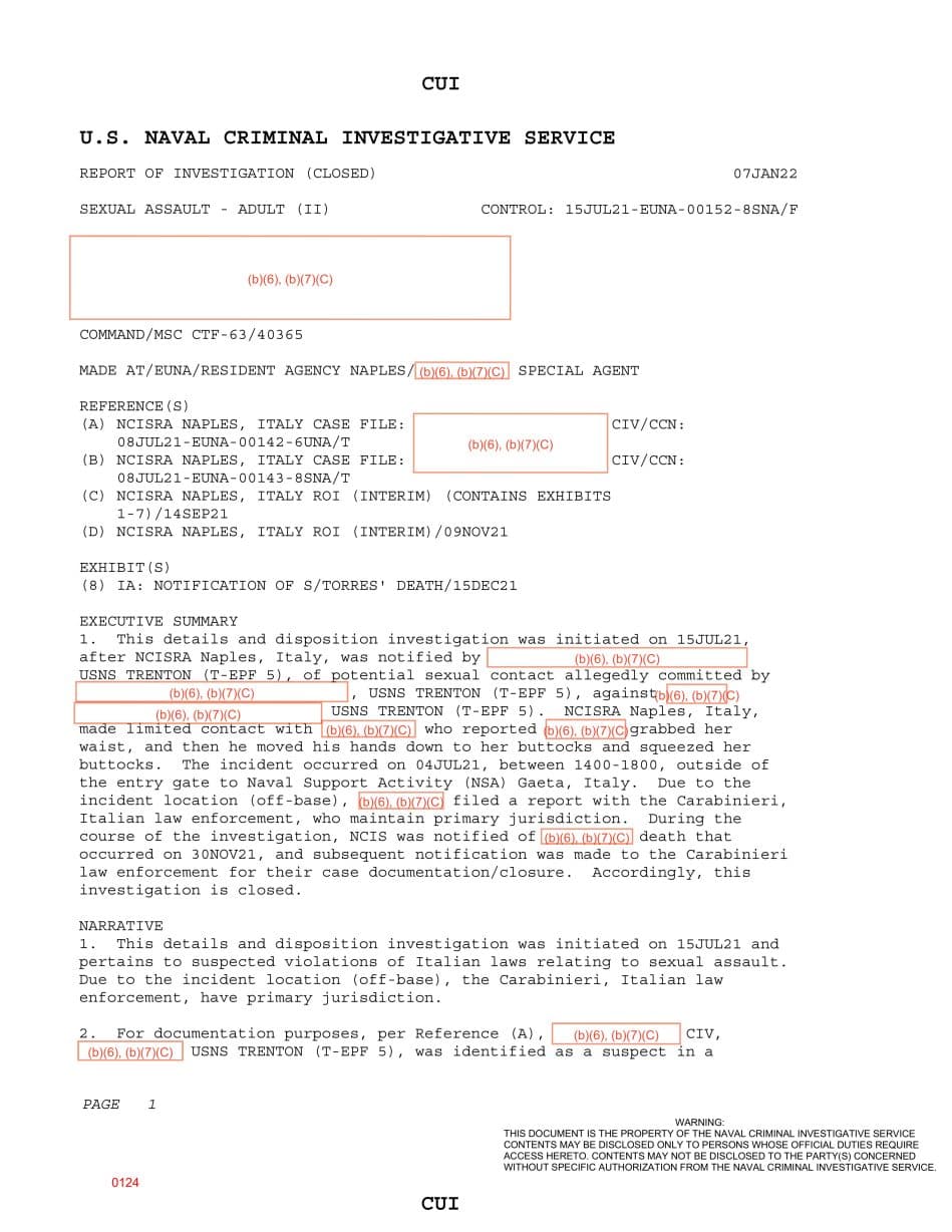 First page preview for Suspect's Death Closed a USNS Trenton Grabbing Report Outside NSA Gaeta.