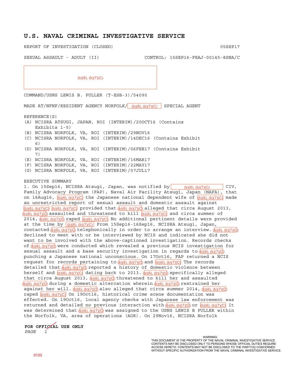 First page preview for USNS Lewis B. Puller Command Took No Action After a Dependent Spouse Reported Years-Old Rape and Domestic Abuse.