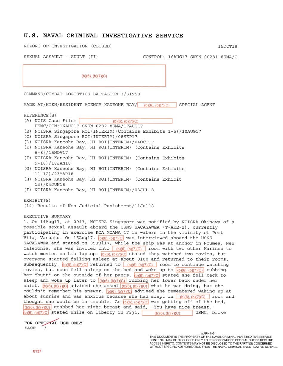 First page preview for USNS Sacagawea Unwanted-Touching Report Ended in Counseling and Separation Processing.