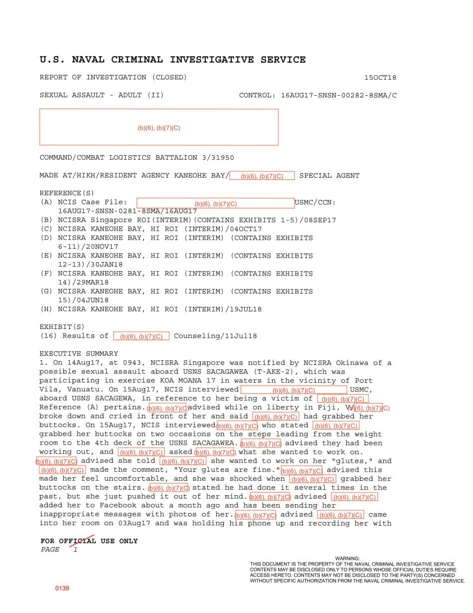 First page preview for Repeated Buttocks-Grabbing Aboard USNS Sacagawea Ended in Counseling and Separation Processing.