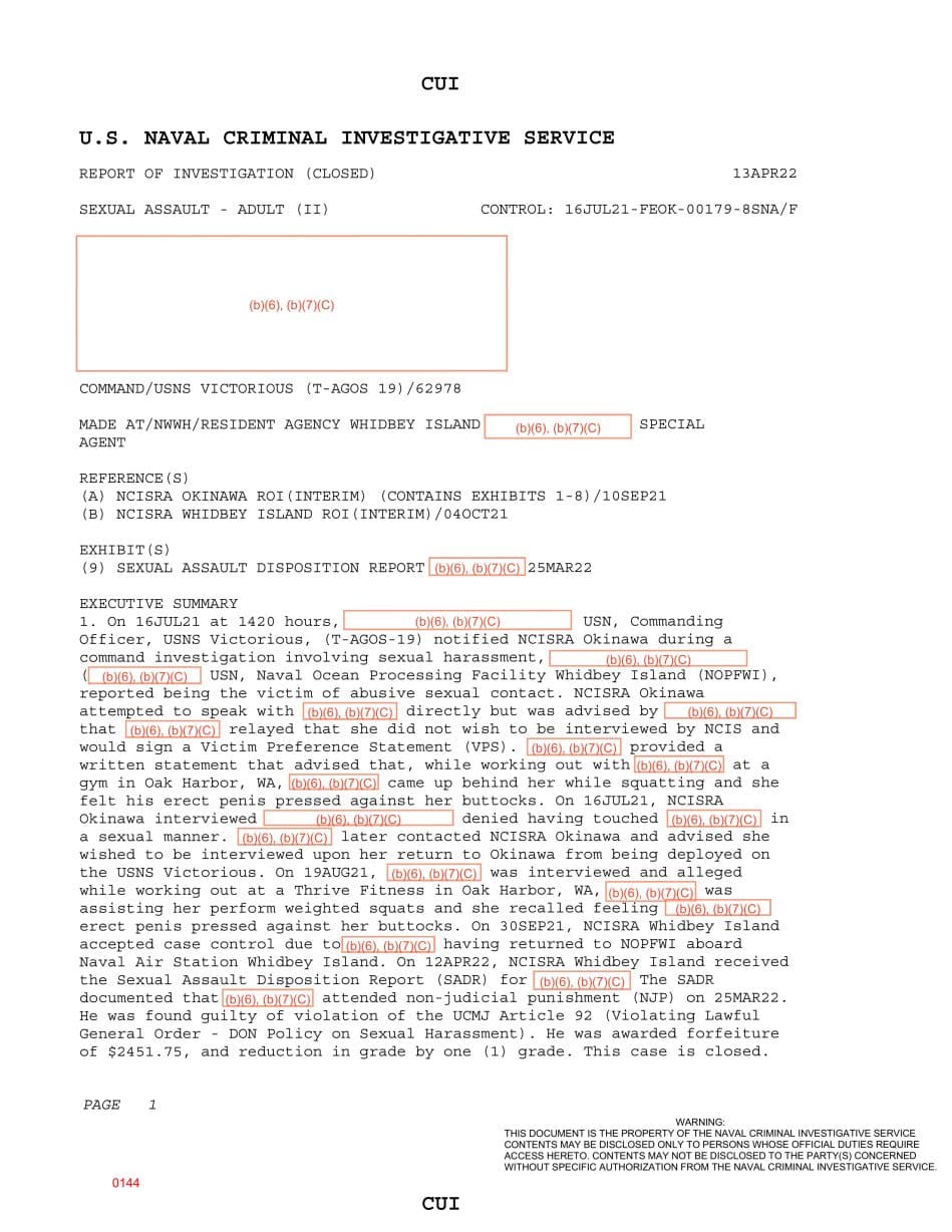 First page preview for Gym Workout Sexual-Contact Report Linked to USNS Victorious Ended With NJP for Sexual Harassment.