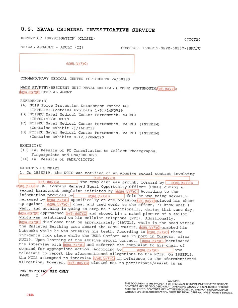 First page preview for USNS Comfort Head-Grabbing Report Ended With No Command Action After a Lack-of-Evidence Review.