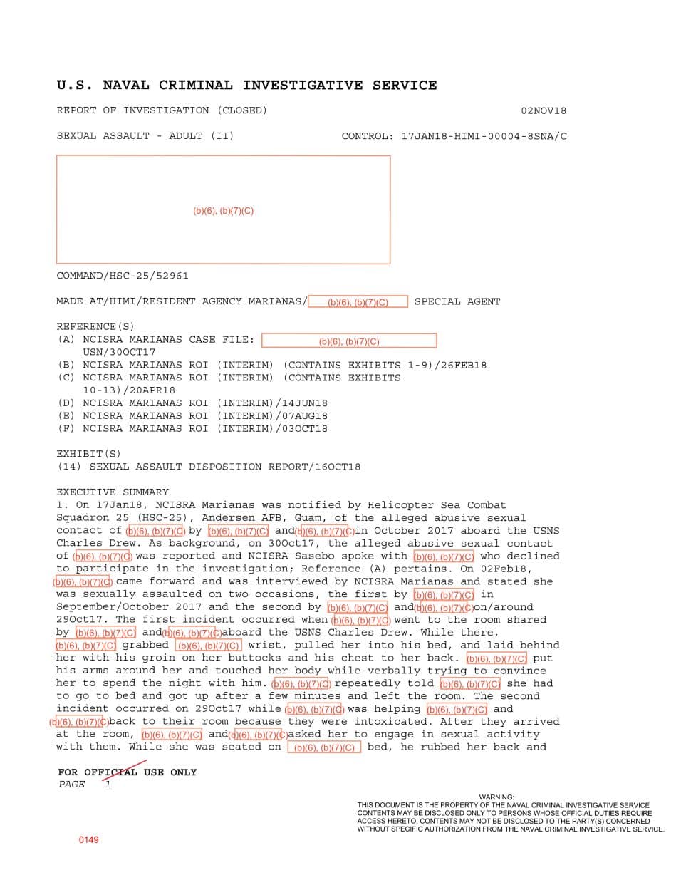 First page preview for Two Sexual Assault Reports Aboard USNS Charles Drew Ended With One Accused Separated Under Other Than Honorable Conditions.