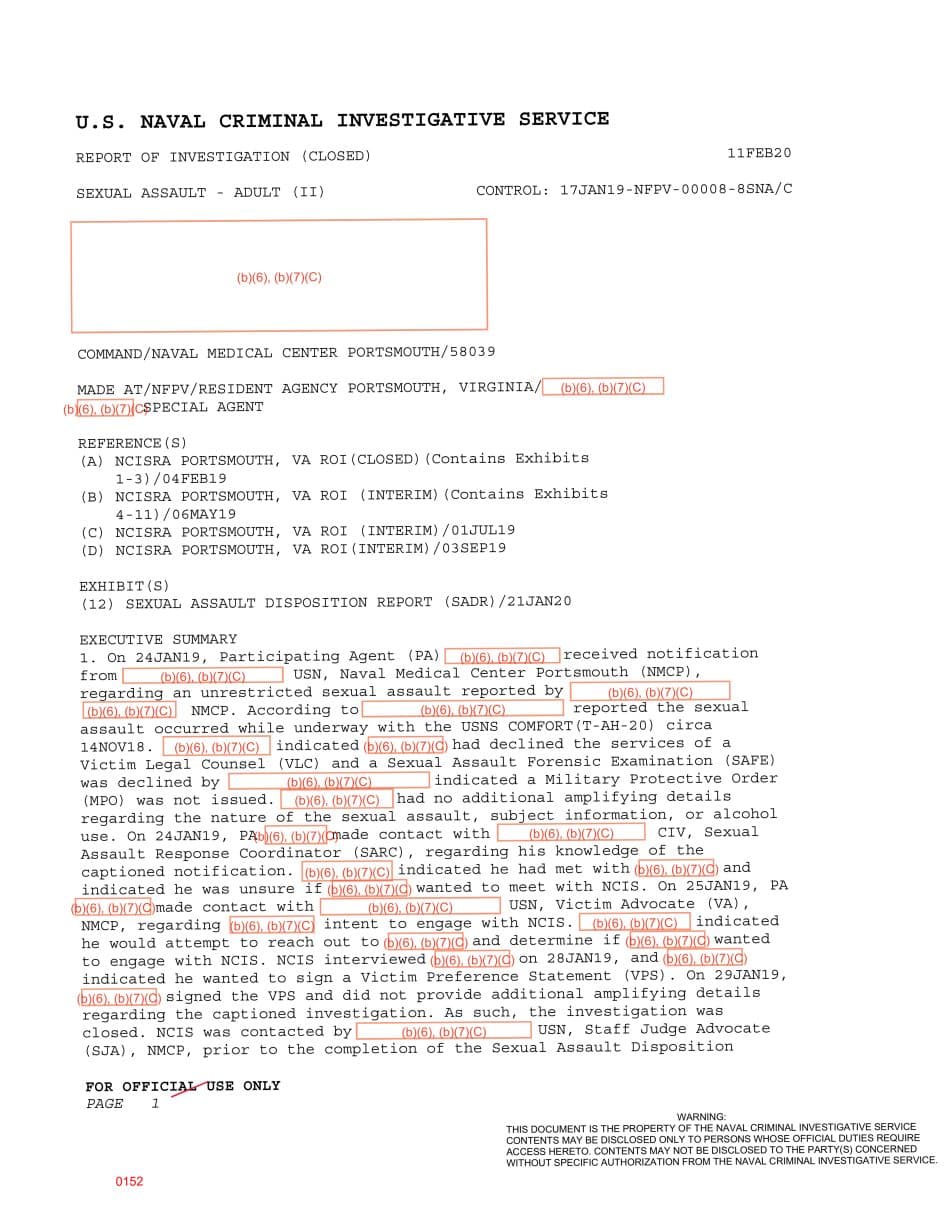 First page preview for Command Named a Possible Subject in a Reopened USNS Comfort Sexual Assault Case. It Still Closed for Insufficient Evidence.