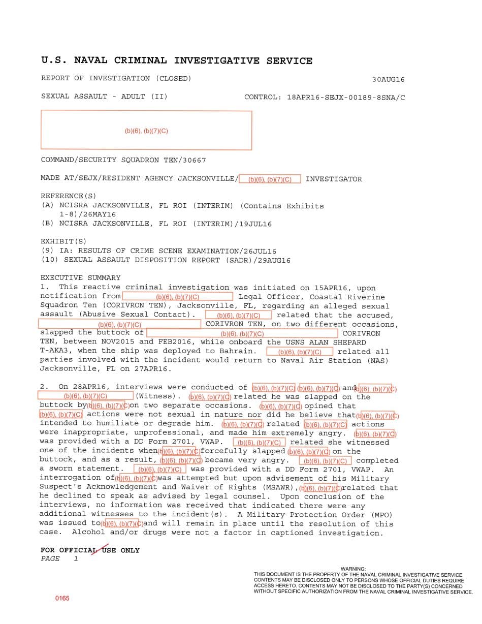First page preview for A Service Member Said His Buttocks Were Slapped Aboard USNS Alan Shepard. The Record Shows a Witness and a Crime-Scene Exam.