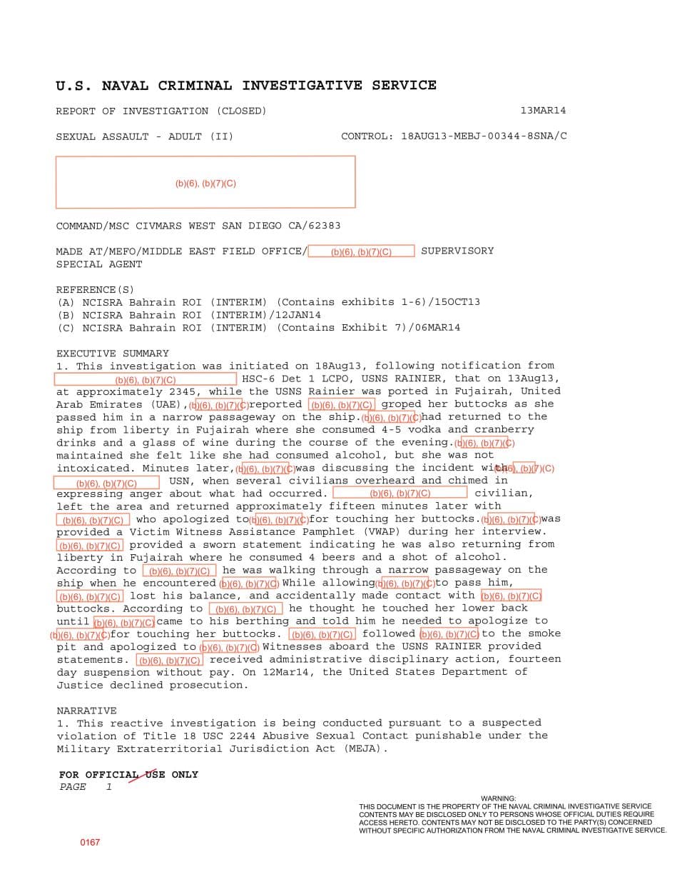 First page preview for A Woman Reported Being Groped in a USNS Rainier Passageway. The Civilian Accused Said He Lost His Balance.
