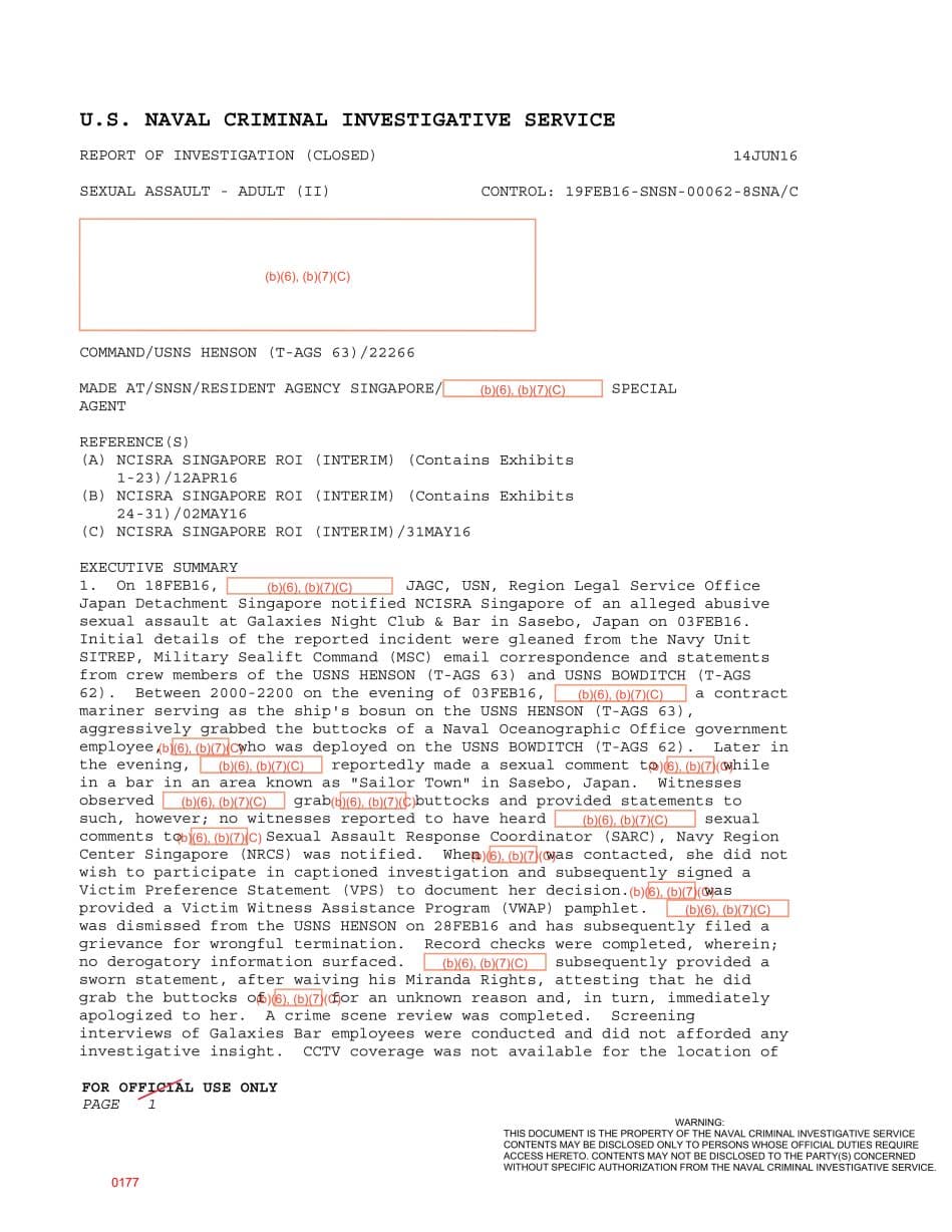 First page preview for Sasebo Bar Groping Report Involving a USNS Henson Bosun Was Declined Under MEJA.