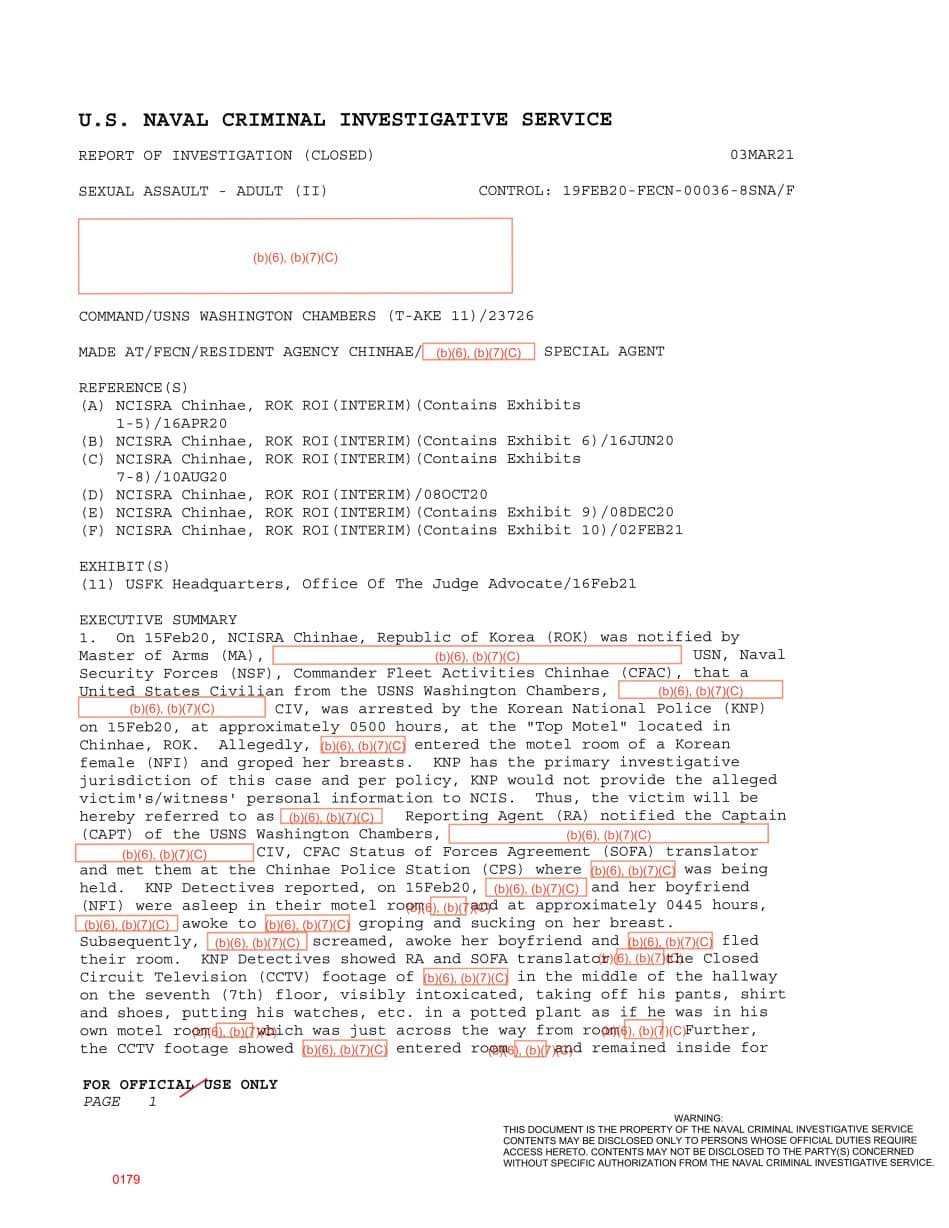 First page preview for A USNS Washington Chambers Civilian Was Arrested After a Woman Said He Entered Her Korean Motel Room and Groped Her.