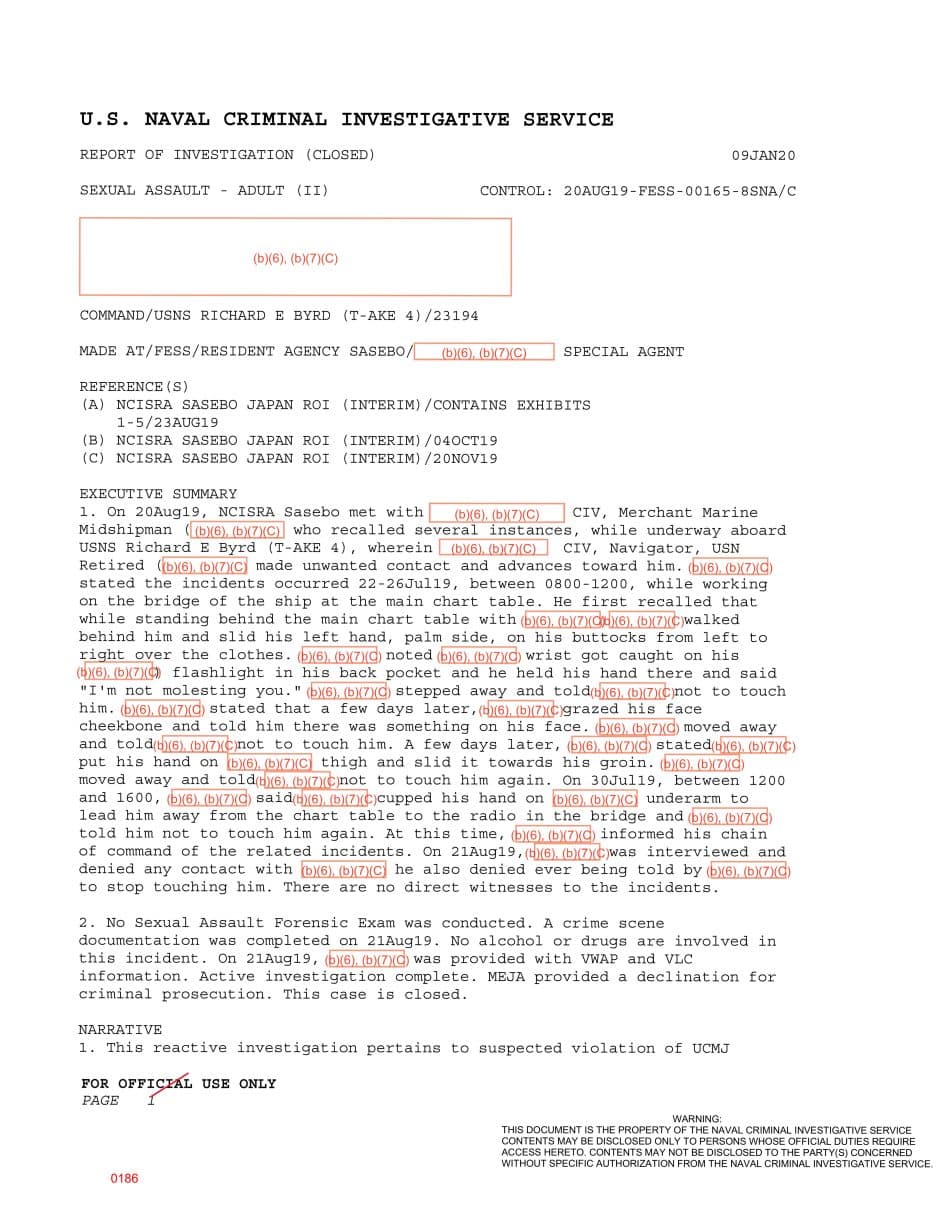 First page preview for A Merchant Marine Midshipman Said a USNS Richard E. Byrd Navigator Touched Him Repeatedly on the Bridge. Prosecutors Declined the Case.
