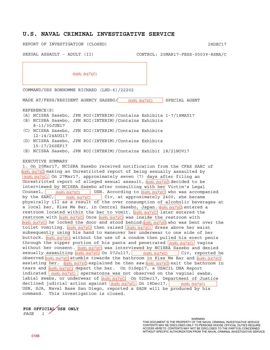 First page preview for A Woman Reported Being Raped in a Sasebo Bar Restroom After She Became Sick. DOJ Declined the Case.