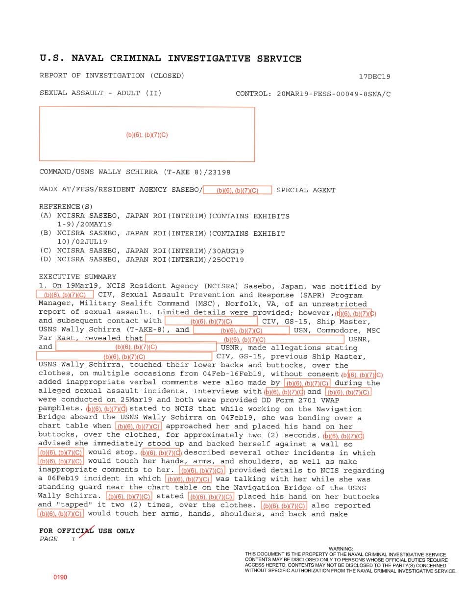 First page preview for Two Women Said the Former USNS Wally Schirra Master Touched Them on the Bridge. Criminal Charges Did Not Follow.