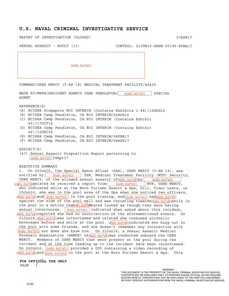 First page preview for Timor Leste Pool Incident During a USNS Mercy Mission Led to a Sexual Assault Investigation. Command Action Was Precluded.