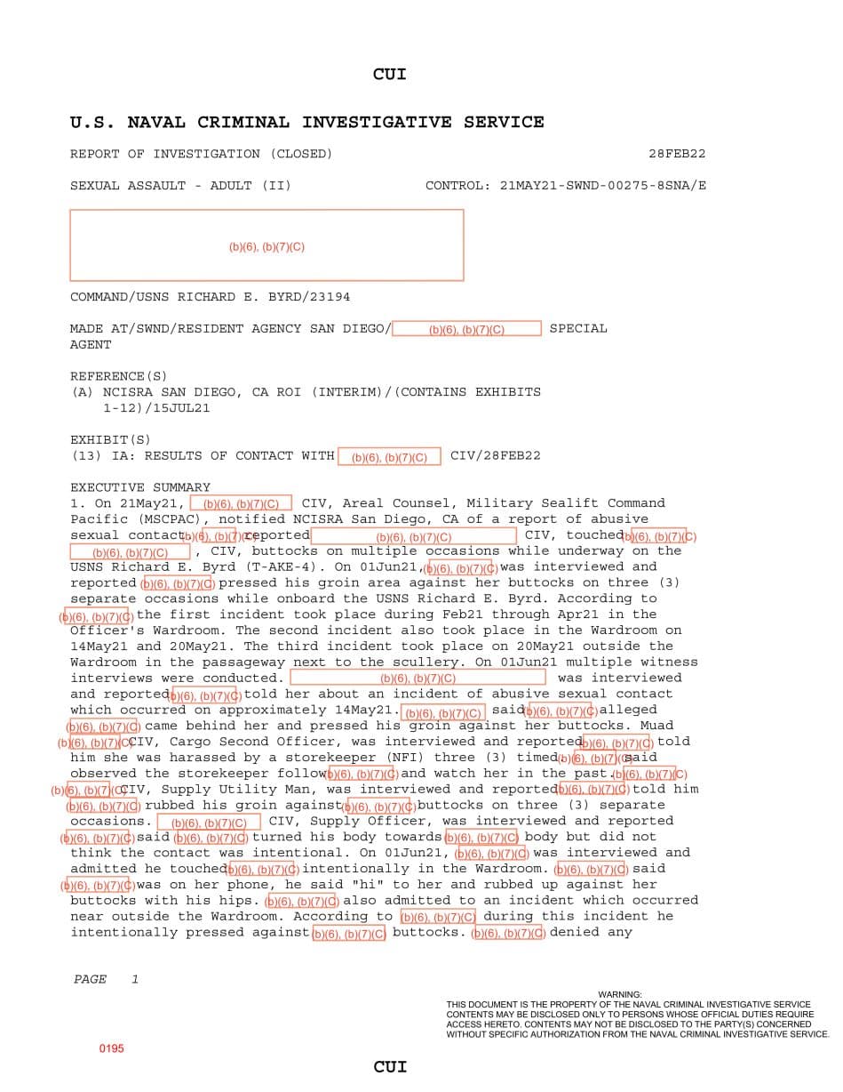 First page preview for USNS Richard E. Byrd Wardroom Pressing Report Was Declined by Prosecutors.