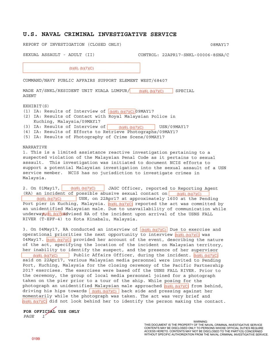 First page preview for Malaysia Event Pressing Report Involving USNS Fall River Closed After Local Police Declined to Investigate.