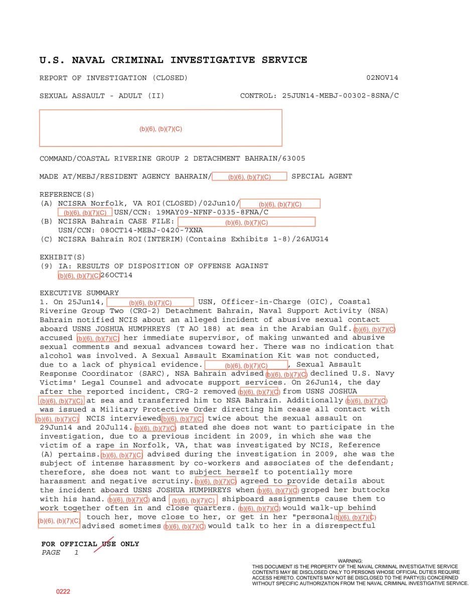 First page preview for Supervisor-Groping Report Aboard USNS Joshua Humphreys Ended With NJP for a Hostile Work Environment.