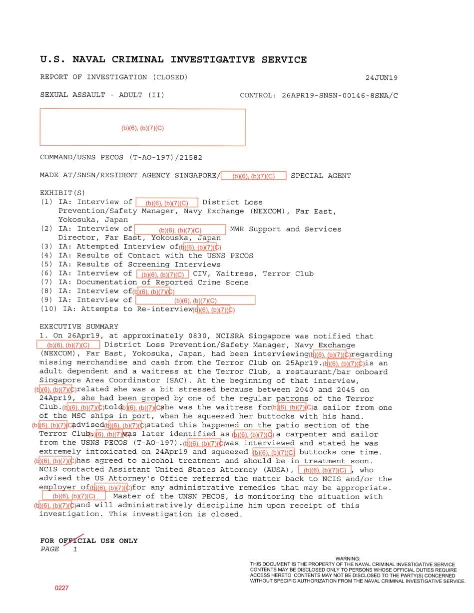 First page preview for Terror Club Groping Report Involving a USNS Pecos Patron Was Sent Back for Administrative Handling.