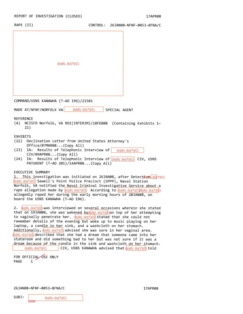 First page preview for Attempted-Penetration Report Aboard USNS Kanawha Was Declined After Prosecutors Found No Evident Federal Offense.