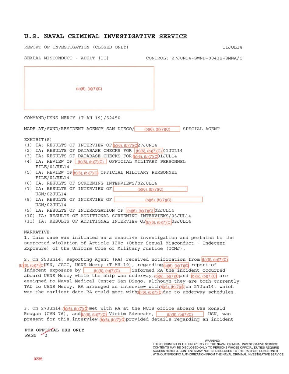 First page preview for USNS Mercy Sailors Reported Genital Exposure in Berthing Areas. Legal Review Said It Did Not Meet Indecent-Exposure Elements.