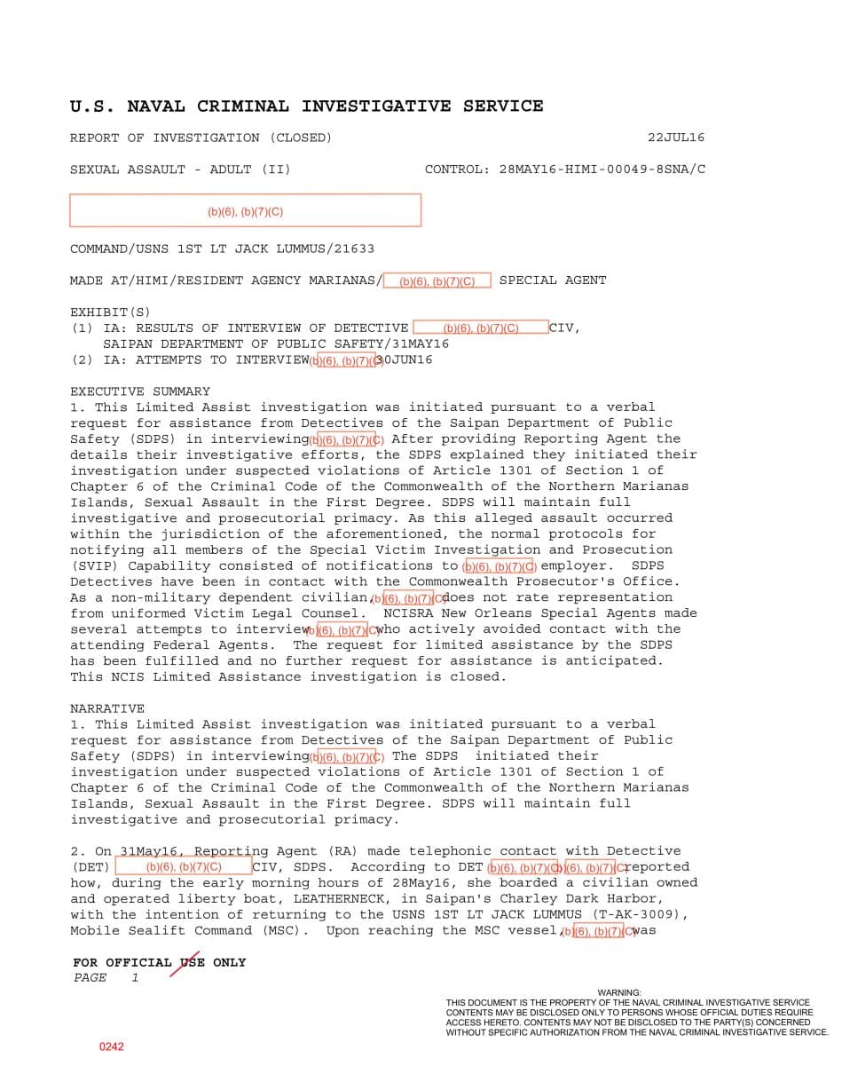 First page preview for Saipan Liberty-Boat Sexual Assault Report Began After USNS 1st Lt Jack Lummus Denied Ship Access. NCIS Provided Limited Assistance.