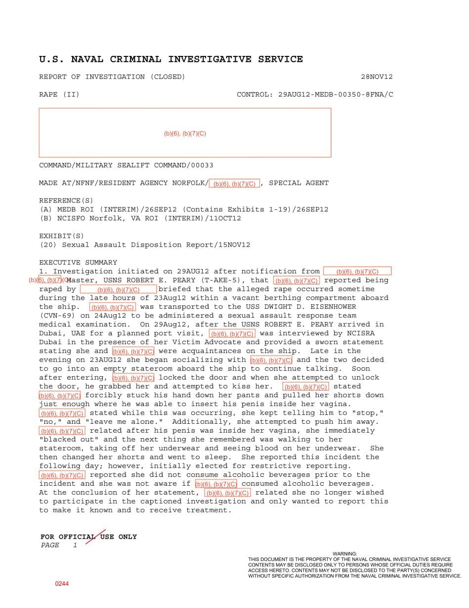 First page preview for Vacant Berthing Room Rape Report Aboard USNS Robert E. Peary Closed With No Judicial Action After She Declined to Participate.