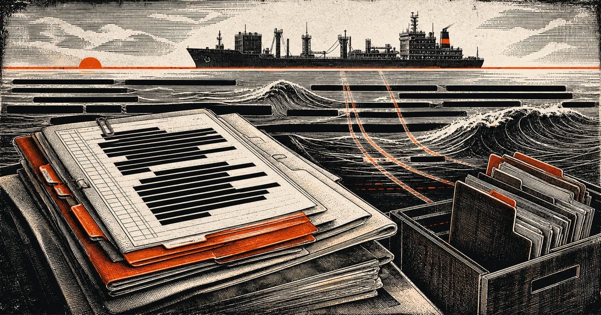 Redacted NCIS investigation files over shipping lanes with a Military Sealift Command vessel silhouette.