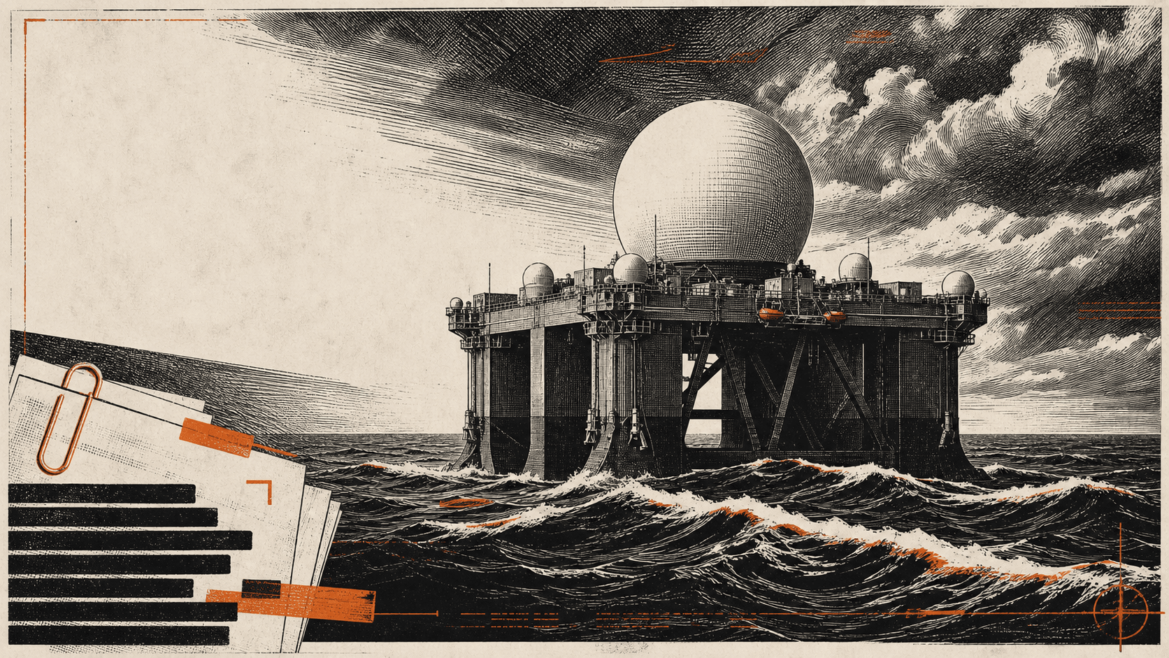Illustration of the SBX-1 sea-based radar platform in rough water beside redacted investigation files.