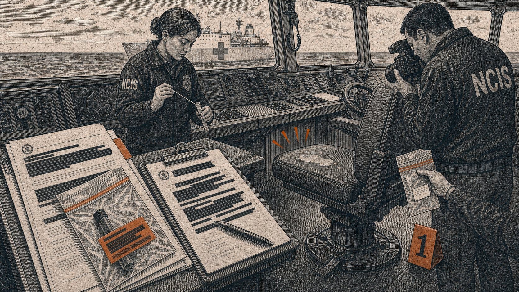 Engraving-style illustration of NCIS investigators documenting a stained bridge chair aboard a USNS Mercy-like hospital ship.
