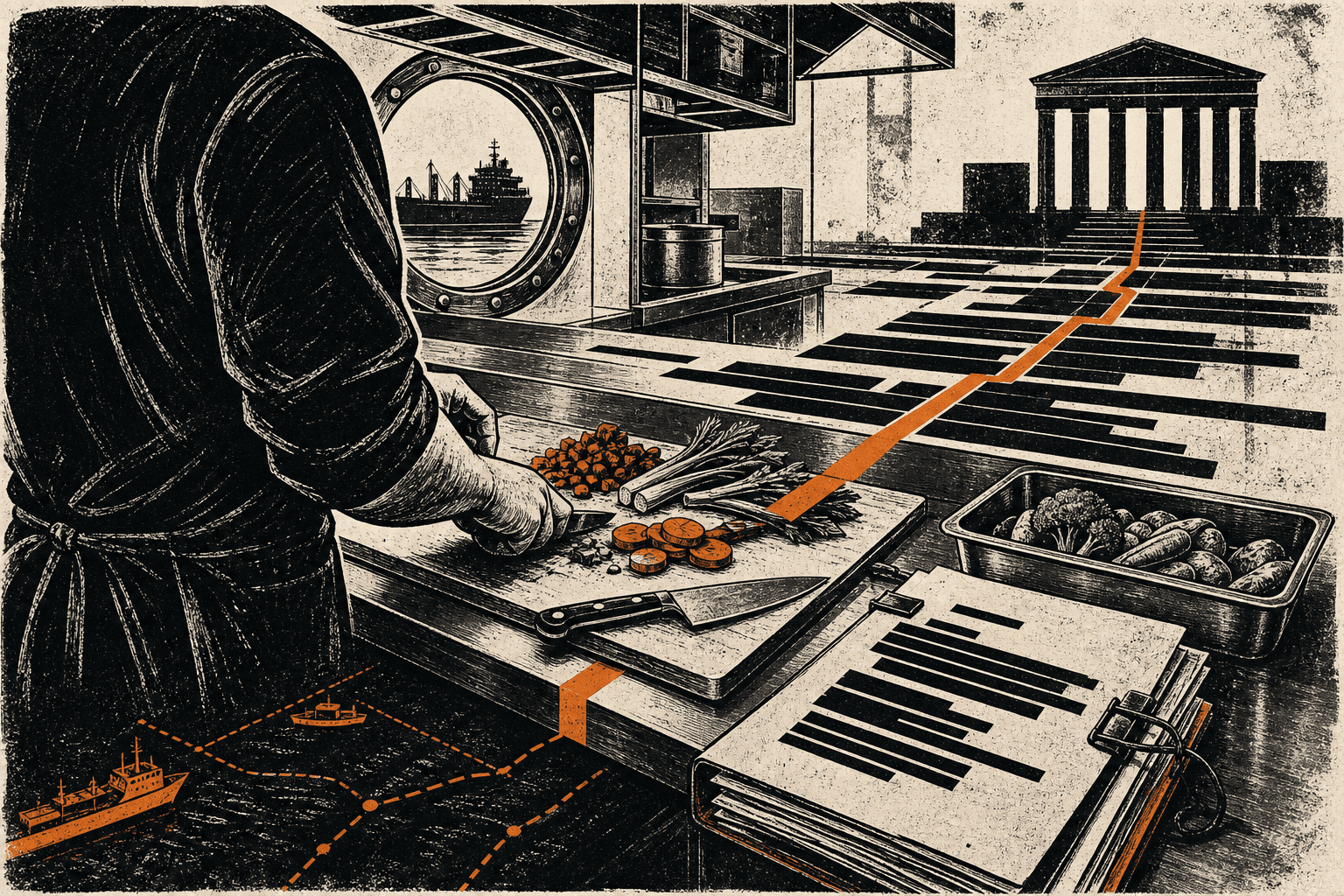 MLAA Signal Prints illustration of an anonymous mariner chopping vegetables in a ship galley, with redacted case files and federal courthouse imagery.