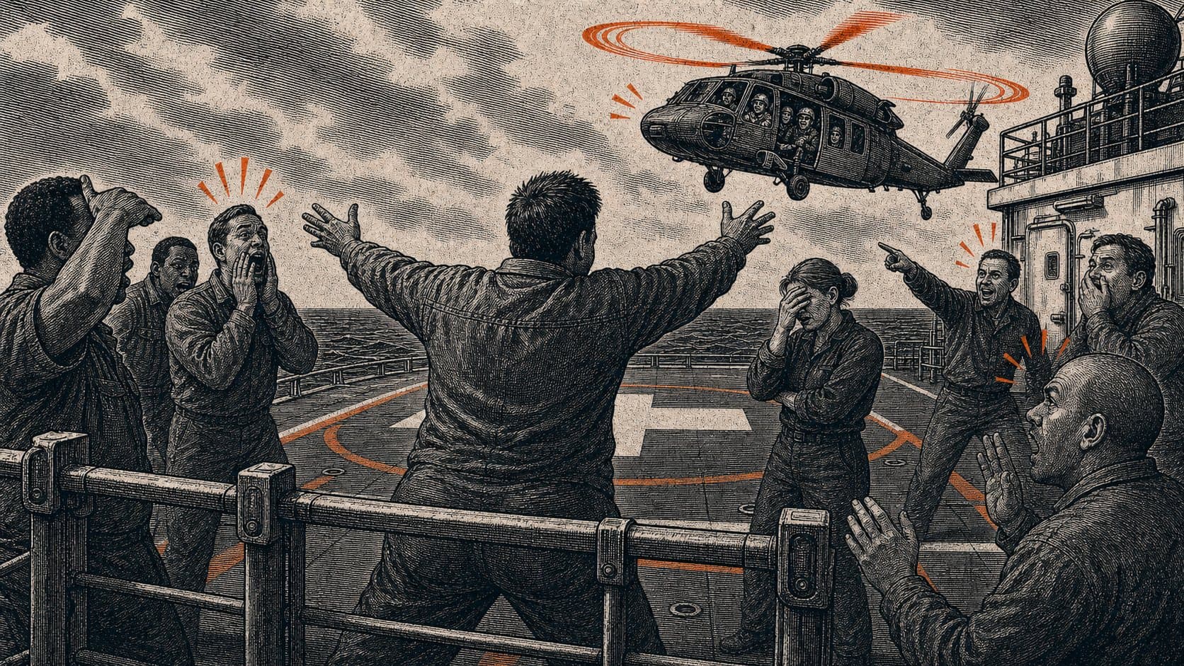 Engraving-style illustration of a USNS Mercy-like ship deck where witnesses react to an engineer facing a Navy helicopter from behind.