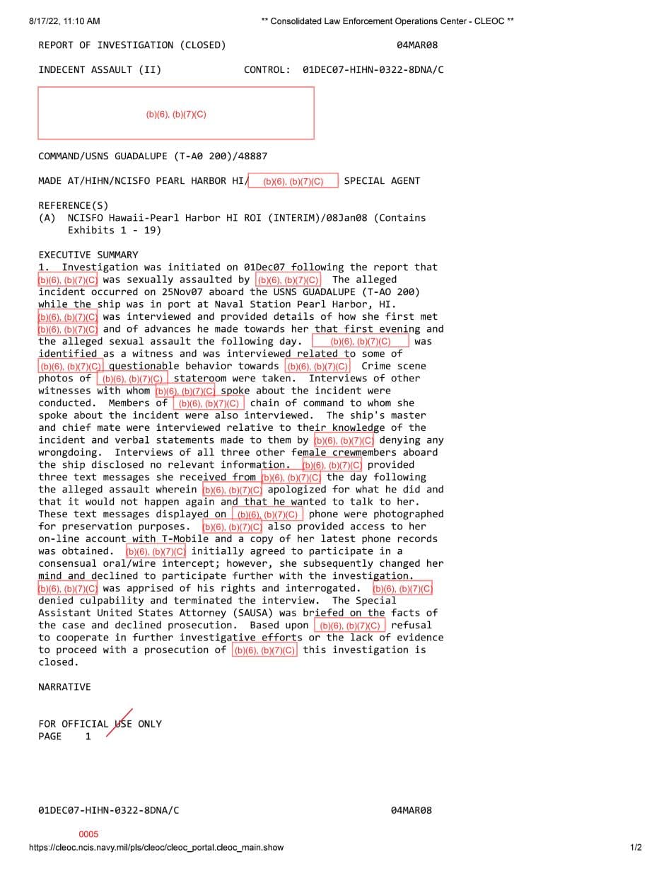 First page preview for A Crewmember Reported Sexual Assault Aboard USNS Guadalupe. Prosecutors Declined the Case After She Stopped Participating.
