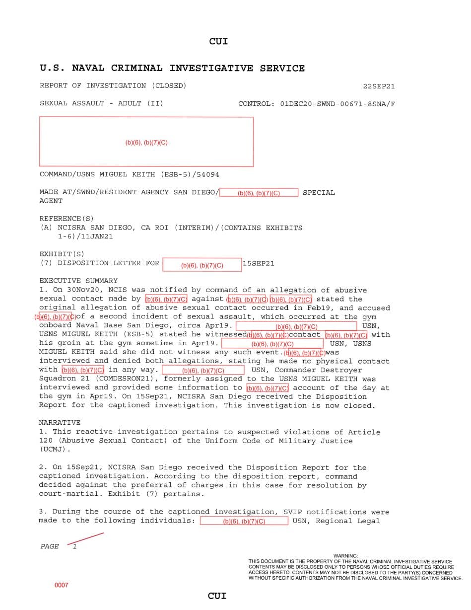 First page preview for USNS Miguel Keith Abusive-Sexual-Contact Allegations Reached Command Review. No Court-Martial Charges Were Preferred.
