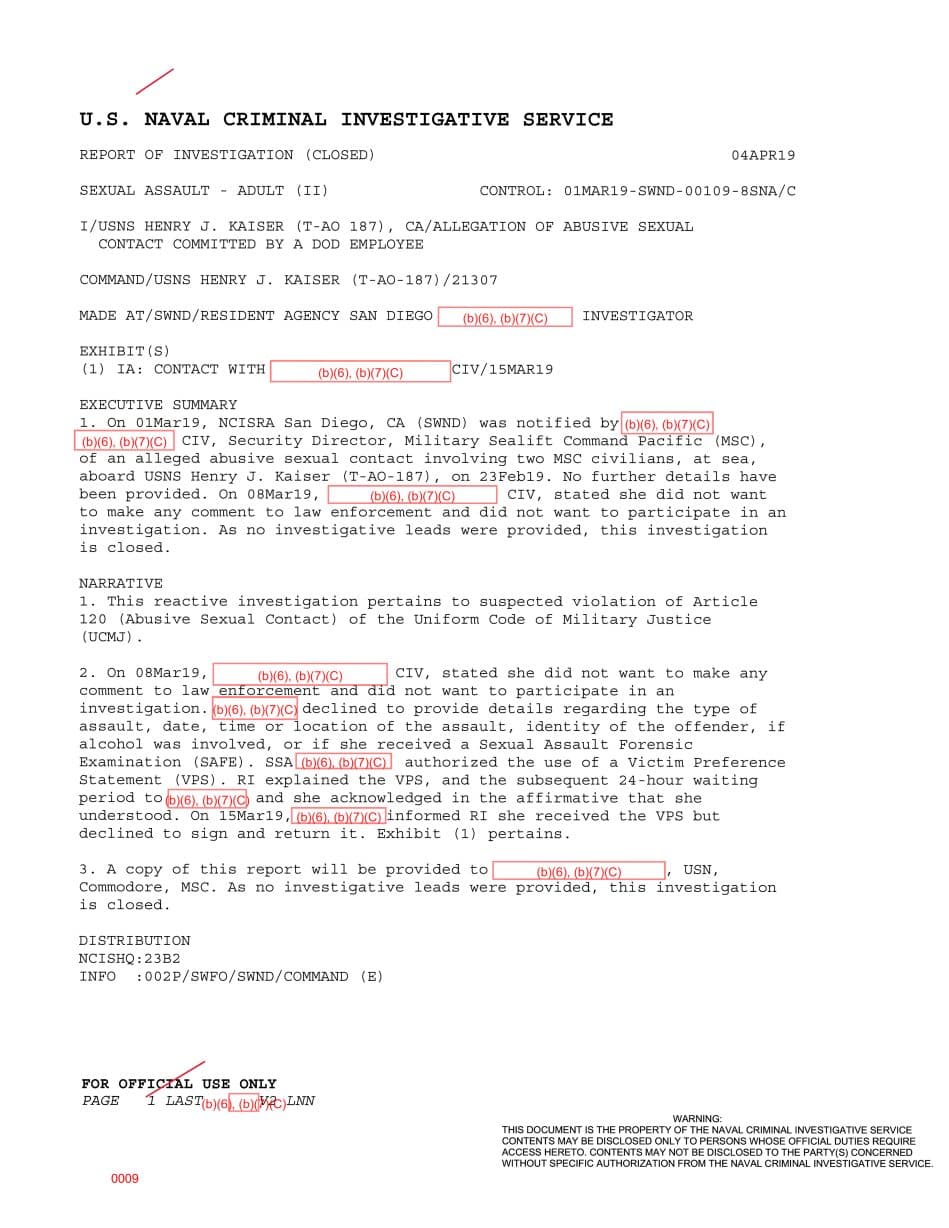First page preview for USNS Henry J. Kaiser Abusive-Contact Report Closed Without Investigative Leads.