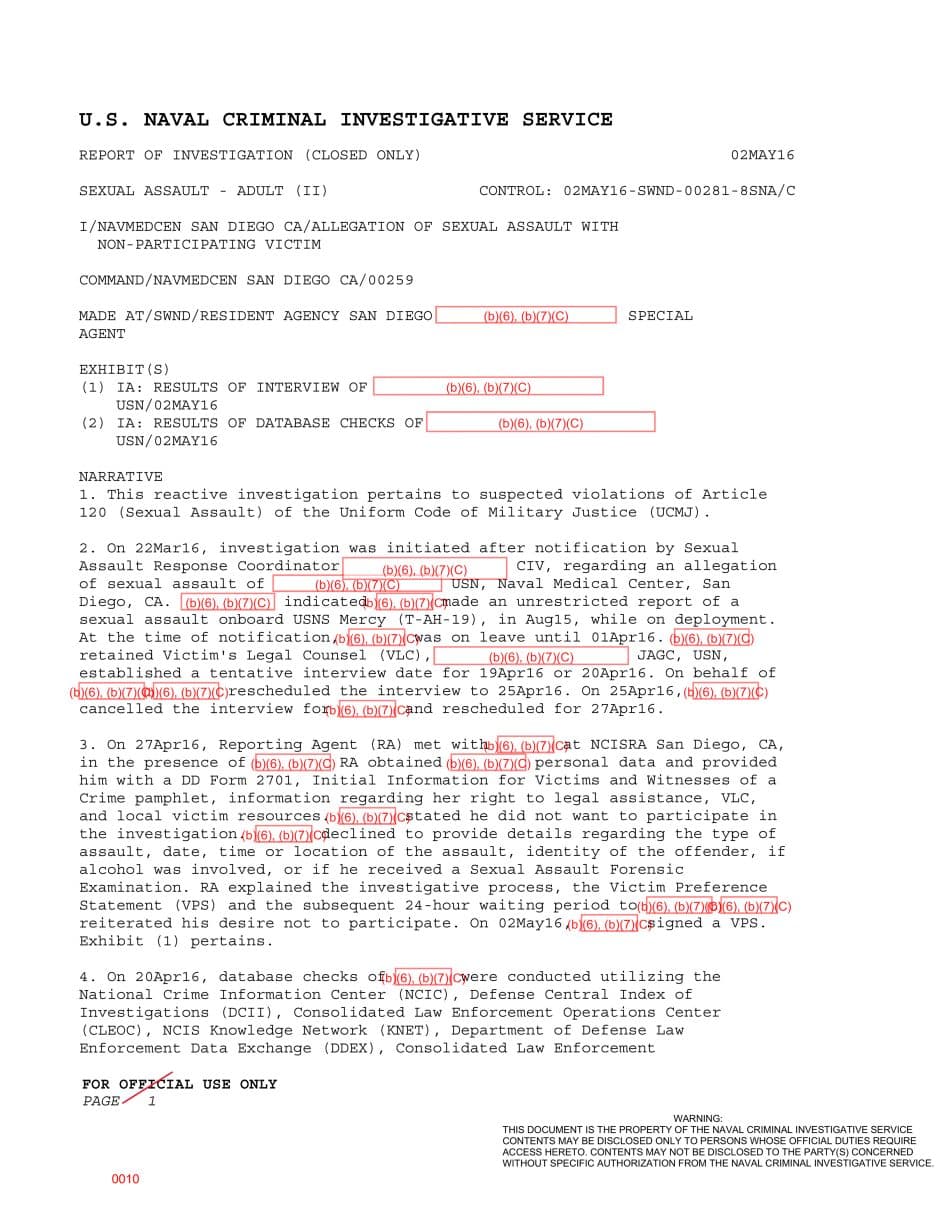 First page preview for USNS Mercy Deployment Sexual Assault Report Reached NCIS Months Later. The Case Closed After the Victim Declined to Participate.