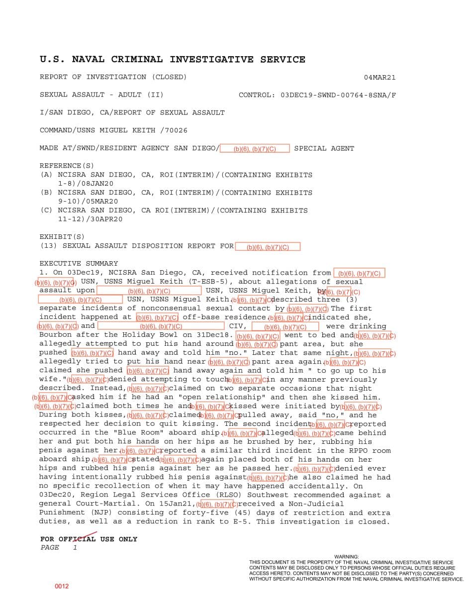 First page preview for USNS Miguel Keith Three-Incident Contact Case Ended in Non-Judicial Punishment.