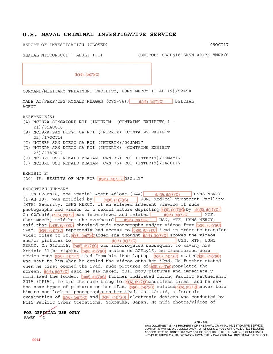 First page preview for Nude Images on an iPad Led to a USNS Mercy Sexual Misconduct Investigation. Forensics Found No Images on the Devices Reviewed.