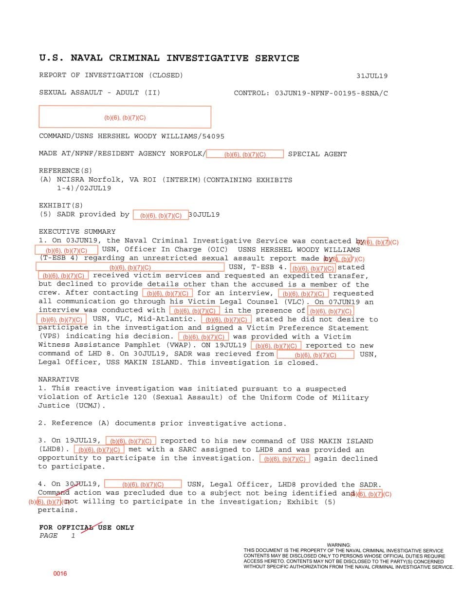 First page preview for USNS Hershel Woody Williams Crewmember Made an Unrestricted Report, Then Declined to Participate.