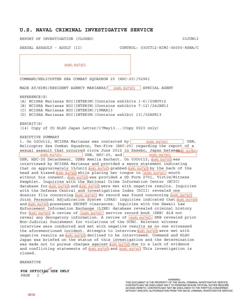 First page preview for A Sailor Reported an Unwanted Kiss Connected to a USNS Amelia Earhart Detachment in Japan. The Case Closed With No Action After Conflicting Statements.