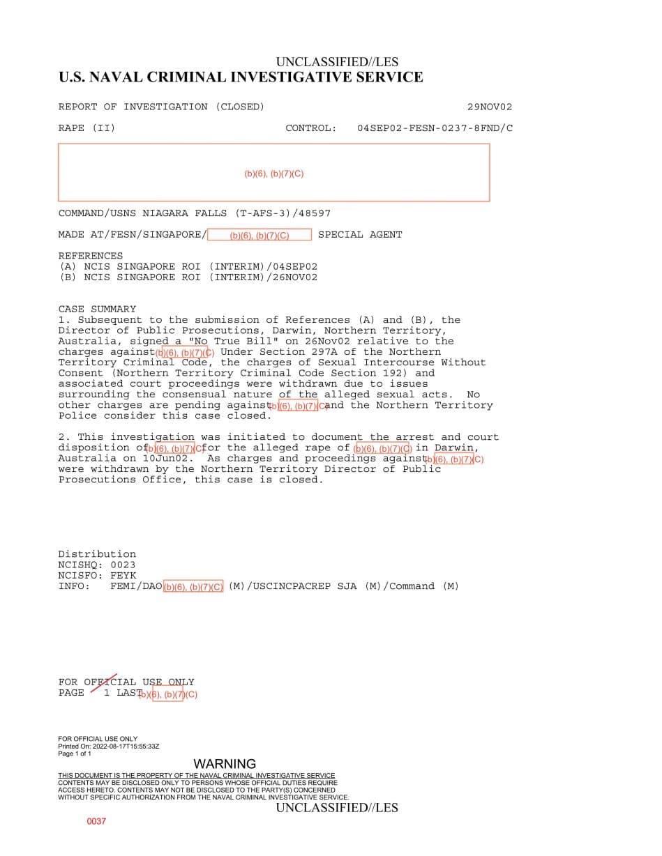 First page preview for Australian Prosecutors Withdrew a Rape Case Connected to USNS Niagara Falls. NCIS Closed the File After a No True Bill.